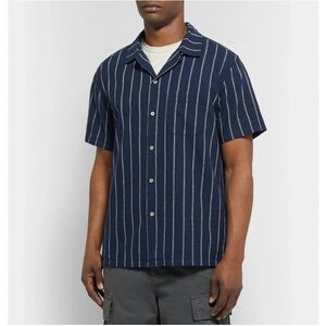 Alex Mill Men’s Navy Striped Cotton Linen Camp Collar Short Sleeve Button Top L